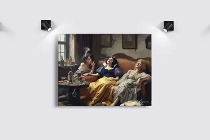 Une peinture sur toile encadrée représentant trois femmes dans une pièce cosy faiblement éclairée, l’une fumant et l’autre se prélassant sur un canapé.