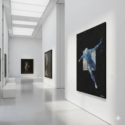 Une figure humanoïde bleue frappante dans une pose dynamique, sur un fond noir étoilé avec un portail rectangulaire révélant un paysage ensoleillé.