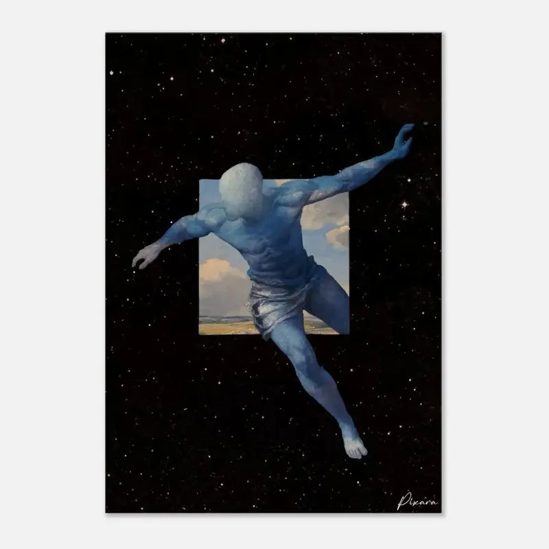 Figure humanoïde bleue en pose dynamique, émergeant d’un cadre carré représentant un paysage pastoral sur un fond noir étoilé.