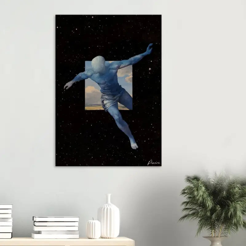 Figure humanoïde bleue dans une pose dynamique, encadrée dans un portail carré sur un fond noir étoilé.