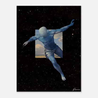 Une figure bleue et musclée en pose dynamique émerge d’un portail carré sur fond de ciel étoilé noir.