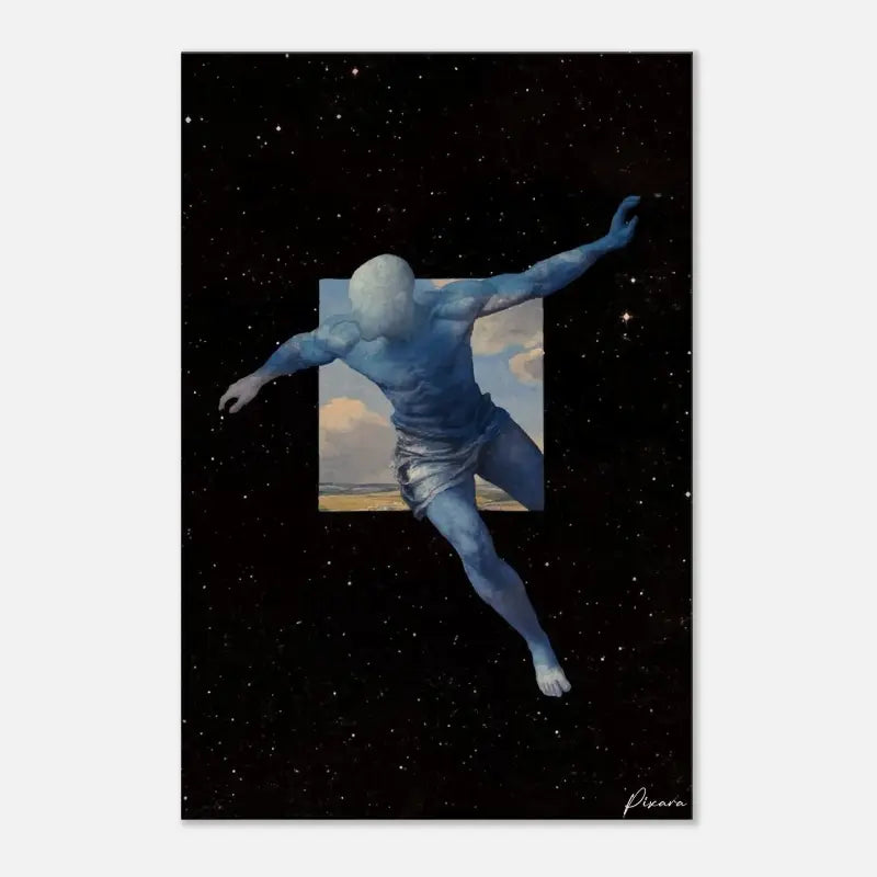 Figure humanoïde bleue avec une constitution musculaire et pieds nus, représentée dans une pose dynamique sur un fond noir étoilé.