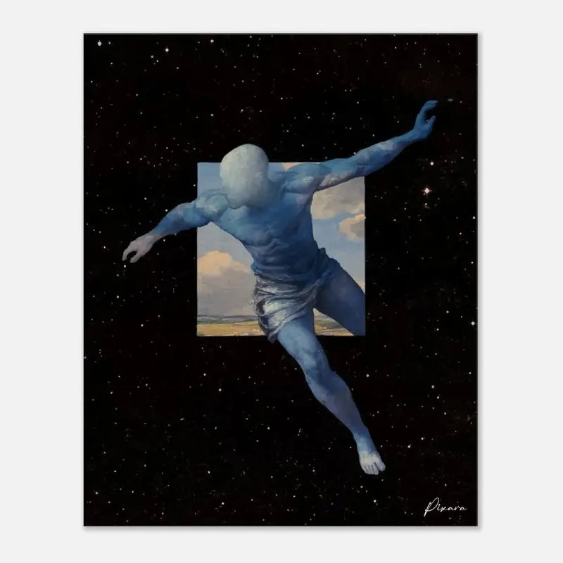 Figure musclé aux tons bleus avec un visage inexpressif et un tissu drapé sur un fond noir étoilé.