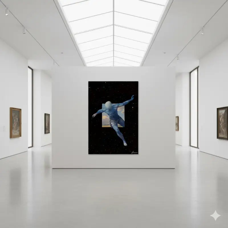 Une figure humanoïde bleue frappante en plein saut, encadrée par un champ d’étoiles cosmique et une porte ouverte vers un paysage ensoleillé.