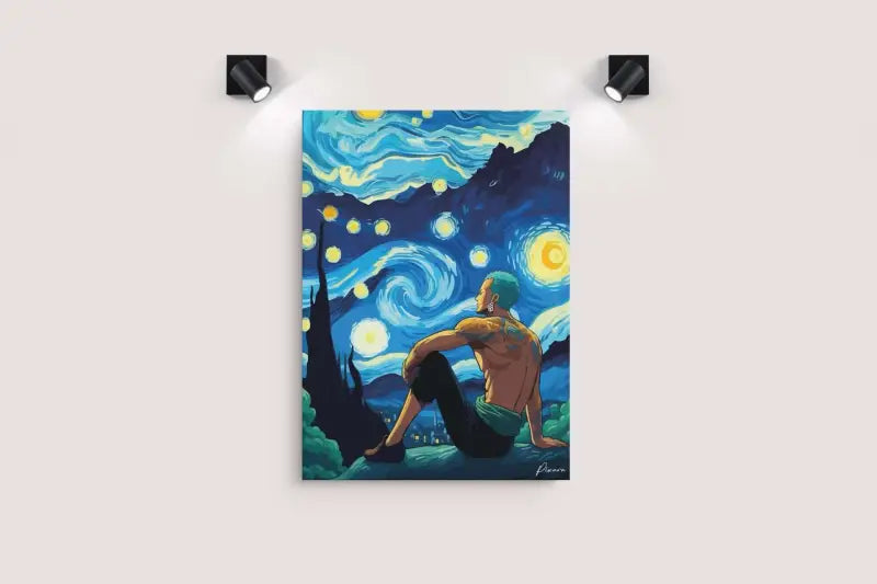 Une impression sur toile vibrante mettant en scène un homme musclé aux cheveux verts assis sous un ciel nocturne tourbillonnant et étoilé rappelant « La Nuit étoilée » de Van Gogh, rendue en bleus et jaunes audacieux.