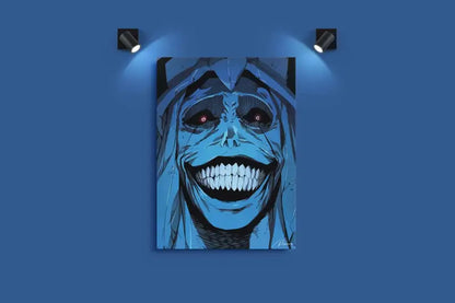 Portrait comique-style bleu d’une figure squelettique aux yeux rougeoyants et aux dents blanches pointues, encadré en noir.