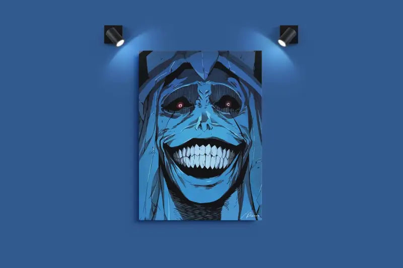 Portrait comique-style bleu d’une figure squelettique aux yeux rougeoyants et aux dents blanches pointues, encadré en noir.