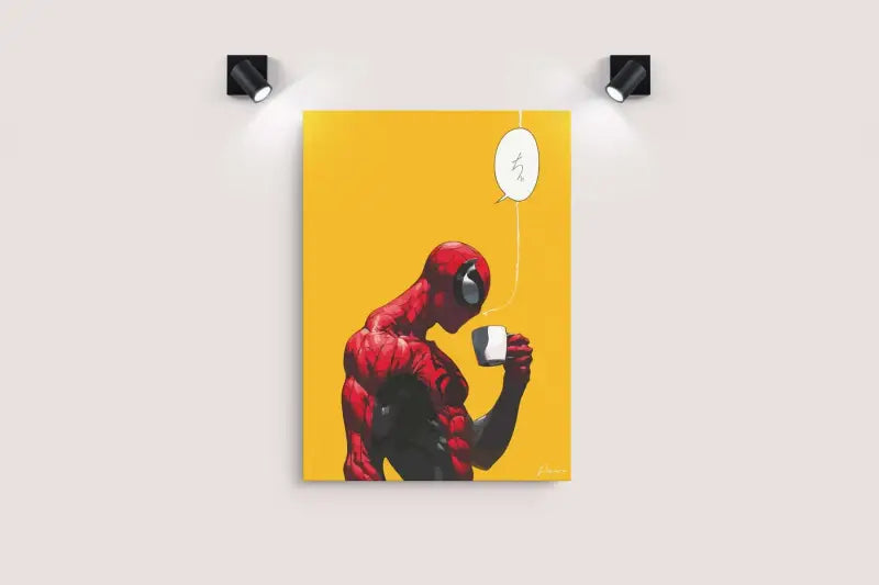 Impression sur toile Spider-Man rouge et noir mettant en scène le héros sirotant une tasse blanche sur un fond jaune vibrant.