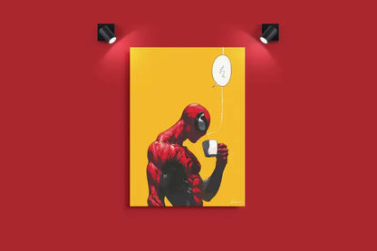 Impression d’art de bande dessinée Spider-Man rouge et noir présentant une illustration stylisée du super-héros buvant dans une tasse blanche sur un fond jaune vibrant.