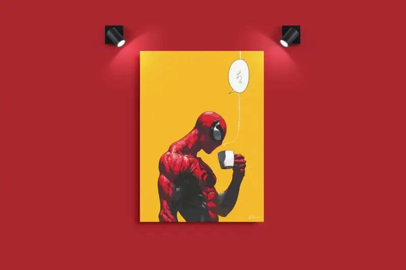 Impression d’art de bande dessinée Spider-Man rouge et noir présentant une illustration stylisée du super-héros buvant dans une tasse blanche sur un fond jaune vibrant.