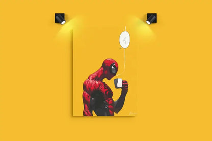Impression d’art de bande dessinée Spider-Man en rouge et noir représentant le héros buvant dans une tasse blanche.