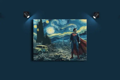 Superman se tient dans un costume bleu et rouge avec sa cape flottant, représenté sur une œuvre d’art sur toile qui mélange le style de « La Nuit étoilée » de Van Gogh sur une scène post-apocalyptique.