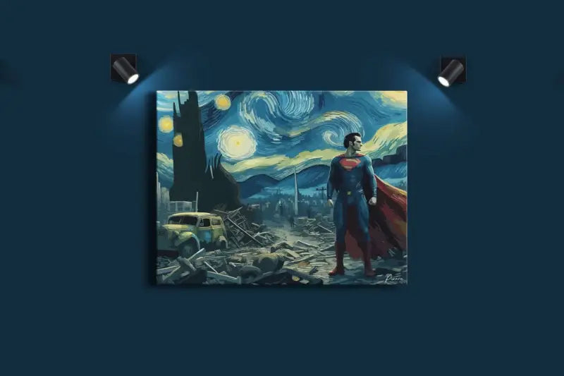 Superman se tient dans un costume bleu et rouge avec sa cape flottant, représenté sur une œuvre d’art sur toile qui mélange le style de « La Nuit étoilée » de Van Gogh sur une scène post-apocalyptique.