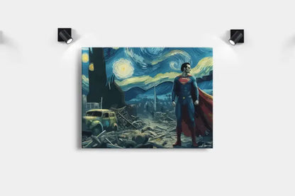 Une impression sur toile encadrée présentant Superman debout au milieu d’un paysage post-apocalyptique sous un ciel tourbillonnant et étoilé rappelant « La Nuit étoilée » de Van Gogh, le personnage étant représenté dans son classique costume bleu et sa cape rouge.