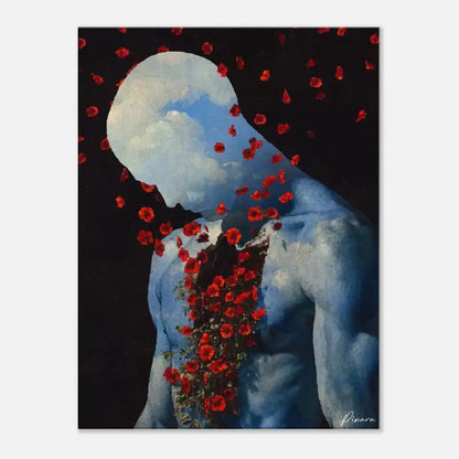 Une peinture surréaliste représente une figure humaine aux tons bleus avec des coquelicots rouges cascadant de sa tête et de son torse sur un fond sombre.