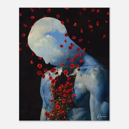 Une peinture surréaliste représente une figure à la peau bleue avec une tête en forme de nuage, entourée de coquelicots rouges tombant sur un fond sombre.