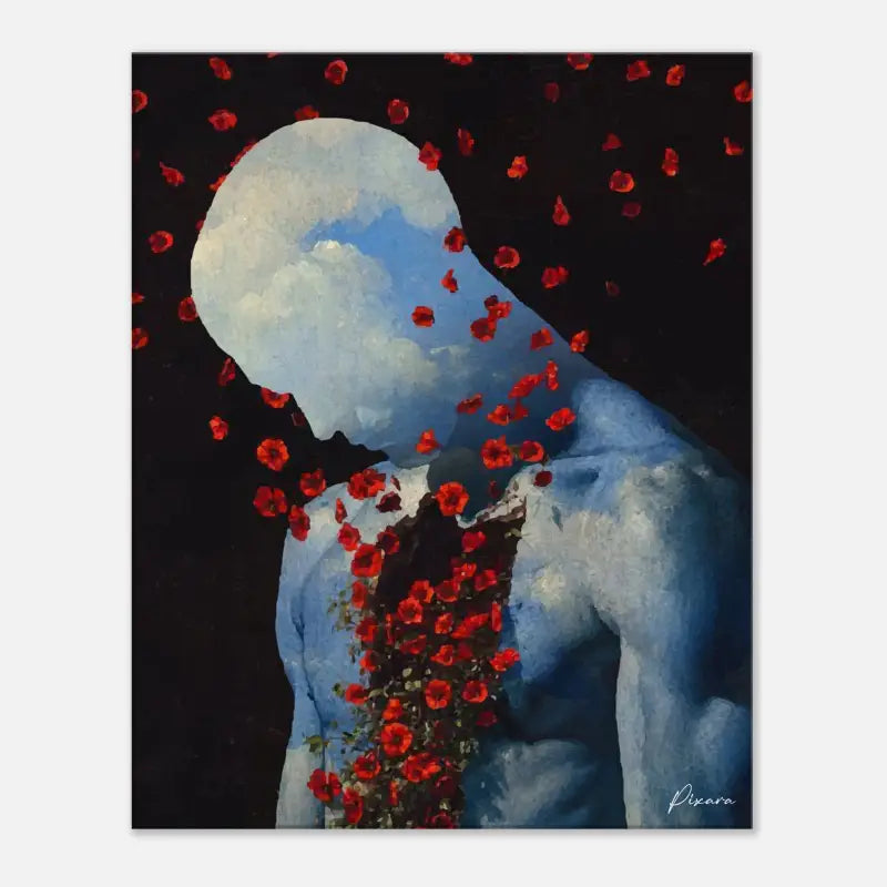 Une peinture surréaliste représente une figure à la peau bleue avec une tête en forme de nuage, entourée de coquelicots rouges tombant sur un fond sombre.