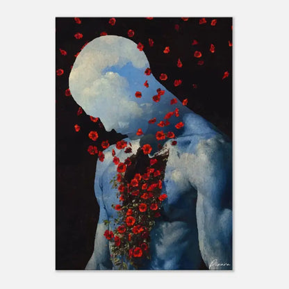 Une peinture surréaliste représente une figure à la peau bleue avec une tête semblable à un nuage, ornée de roses rouges vives cascadant le long de son torse sur un fond sombre.