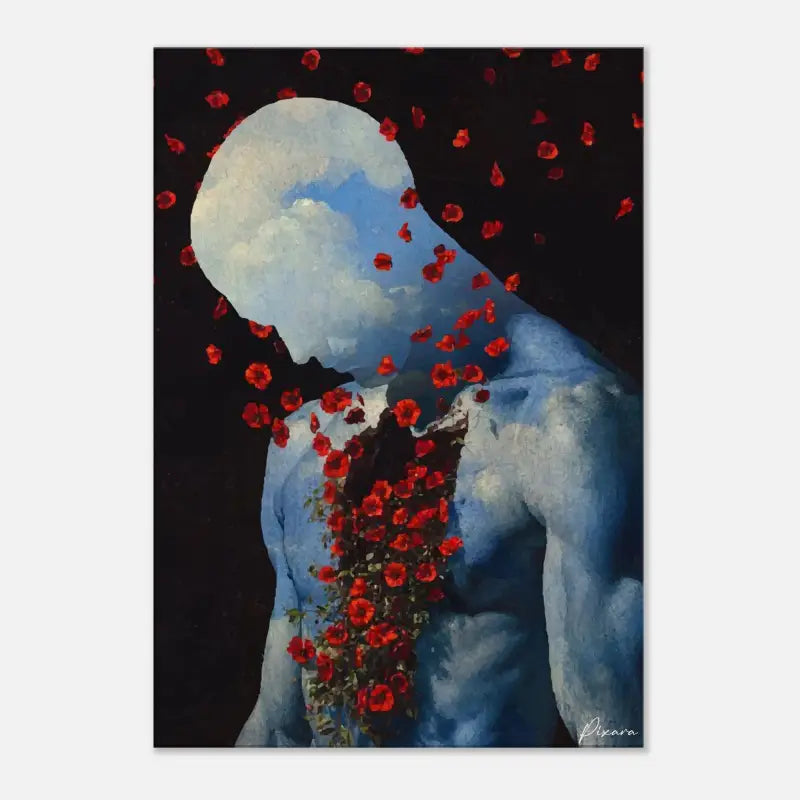Une peinture surréaliste représente une figure à la peau bleue avec une tête semblable à un nuage, ornée de roses rouges vives cascadant le long de son torse sur un fond sombre.