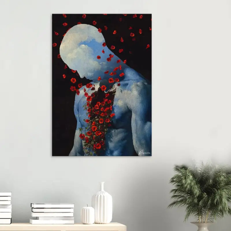 Une peinture à l’huile sur toile frappante mettant en scène une figure humaine aux tons bleus avec des coquelicots rouges cascadant le long de son torse sur un fond sombre.