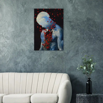 Une peinture sur toile frappante présentant une figure humaine aux tons bleus avec des roses rouges cascadant le long de son torse sur un fond sombre.