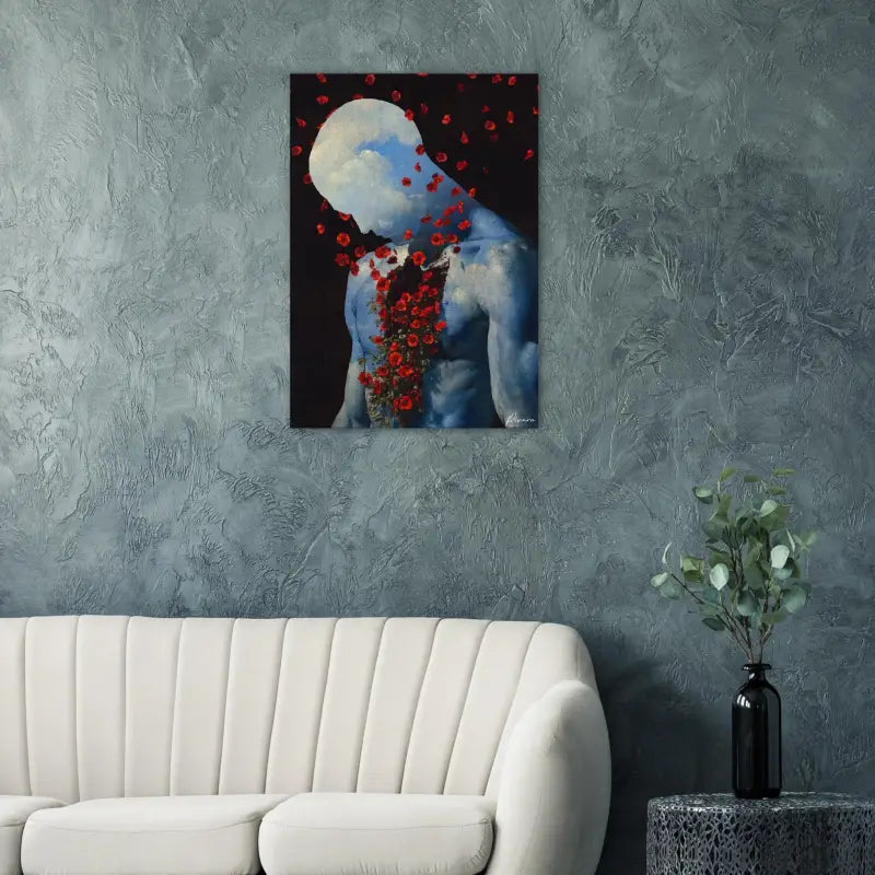 Une peinture sur toile frappante présentant une figure humaine aux tons bleus avec des roses rouges cascadant le long de son torse sur un fond sombre.