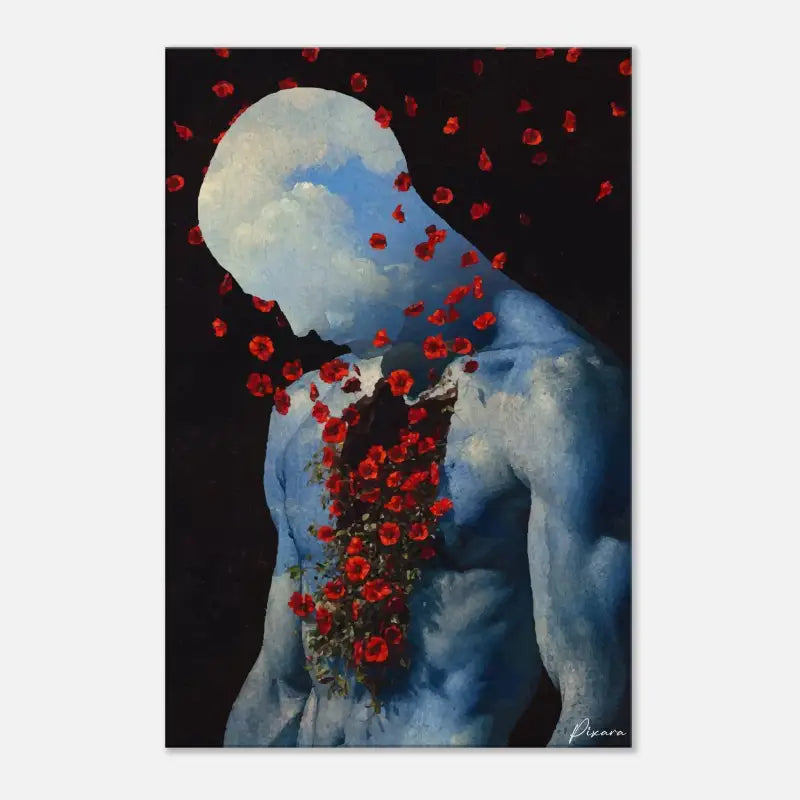 Une peinture surréaliste représentant une figure humaine aux tons bleus avec des coquelicots rouges cascadant de sa tête et de sa poitrine sur un fond sombre.