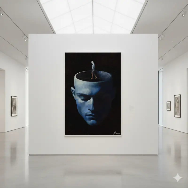 Une peinture à l’huile frappante bleu foncé représentant la tête d’un homme avec une cavité crânienne ouverte, où une petite figure se tient sur le bord.