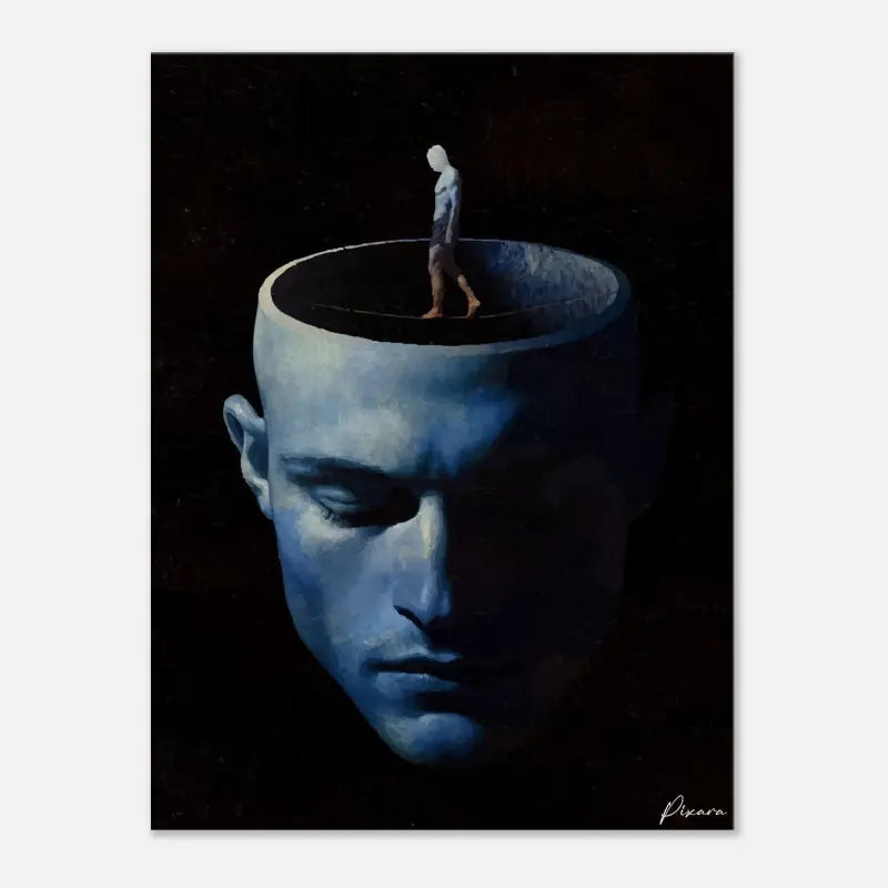 Une peinture surréaliste dépeignant un homme debout à l’intérieur de la tête évidée d’un autre, rendue en tons bleus froids avec des textures réalistes.