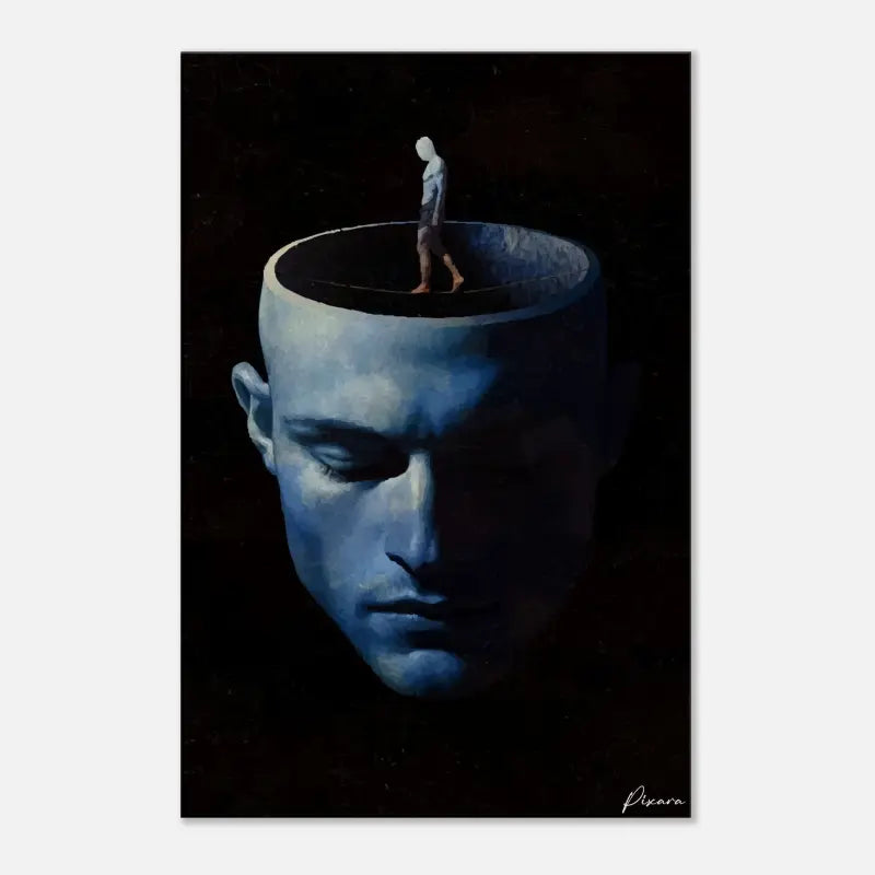 Une peinture surréaliste représentant la tête d’un homme en tons bleu foncé avec une cavité crânienne ouverte, où une petite figure marche le long du bord.