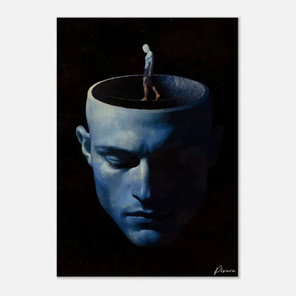 Une peinture surréaliste représente un homme debout sur le bord d’une tête humaine ouverte, rendue en tons bleus froids avec un ombrage et une texture réalistes.