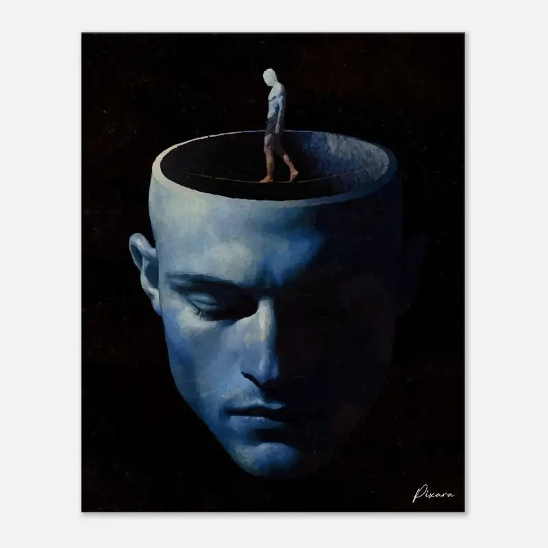 Une peinture surréaliste représentant la tête d’un homme en tons bleu foncé avec une cavité crânienne ouverte, où une petite figure se tient sur le bord.