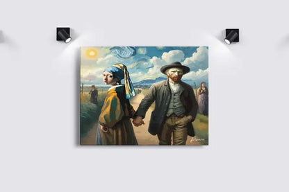 Une impression sur toile rectangulaire de la célèbre peinture « Les pêcheurs de perles » de Vincent van Gogh, mettant en scène une femme avec un foulard bleu et une robe jaune tenant la main d’un homme en manteau sombre sur fond de ciel tourbillonnant.