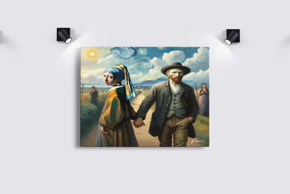 Une impression sur toile rectangulaire de la célèbre peinture « Les pêcheurs de perles » de Vincent van Gogh, mettant en scène une femme avec un foulard bleu et une robe jaune tenant la main d’un homme en manteau sombre sur fond de ciel tourbillonnant.