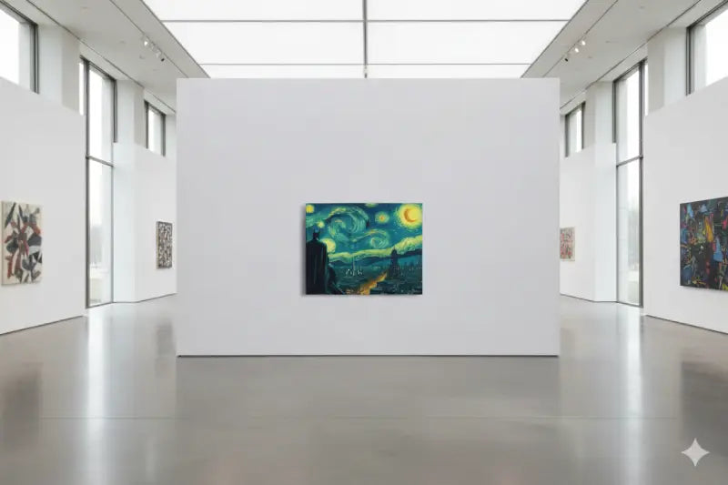 Une reproduction vibrante de « La Nuit étoilée » de Van Gogh exposée dans une galerie moderne, présentant des bleus et des jaunes tourbillonnants avec un croissant de lune au-dessus de silhouettes sombres.