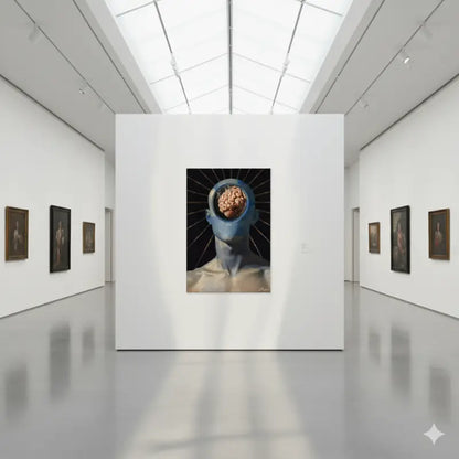 Une impression sur toile frappante représentant une figure humaine avec une tête bleue et un cerveau exposé sur un fond noir, encadrée dans un cadre de galerie minimaliste.