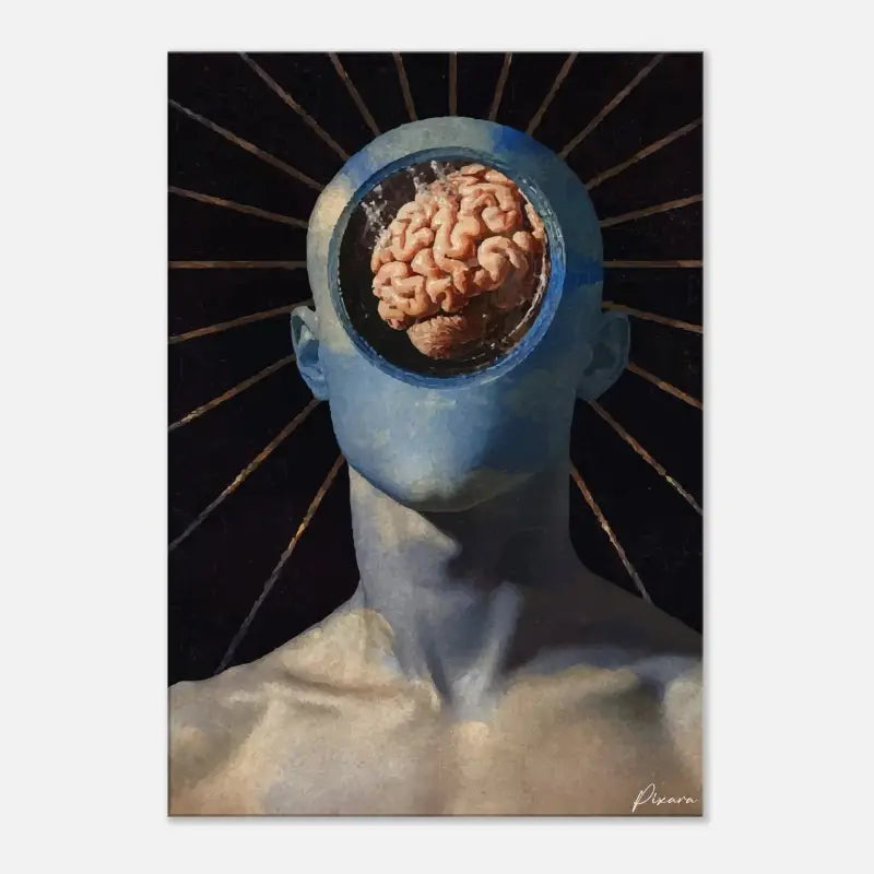 Figure humaine peinte en bleu avec un cerveau réaliste visible à l’intérieur de sa tête ouverte, sur fond sombre avec des lignes rayonnantes.