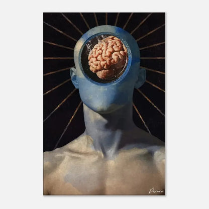 Figure humaine peinte en bleu avec un cerveau réaliste et texturé visible à l’intérieur de sa tête ouverte.