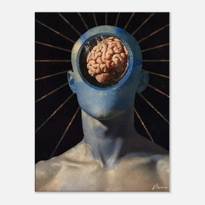 Tête humaine peinte en bleu avec un cerveau visible et détaillé à l’intérieur de son crâne ouvert.