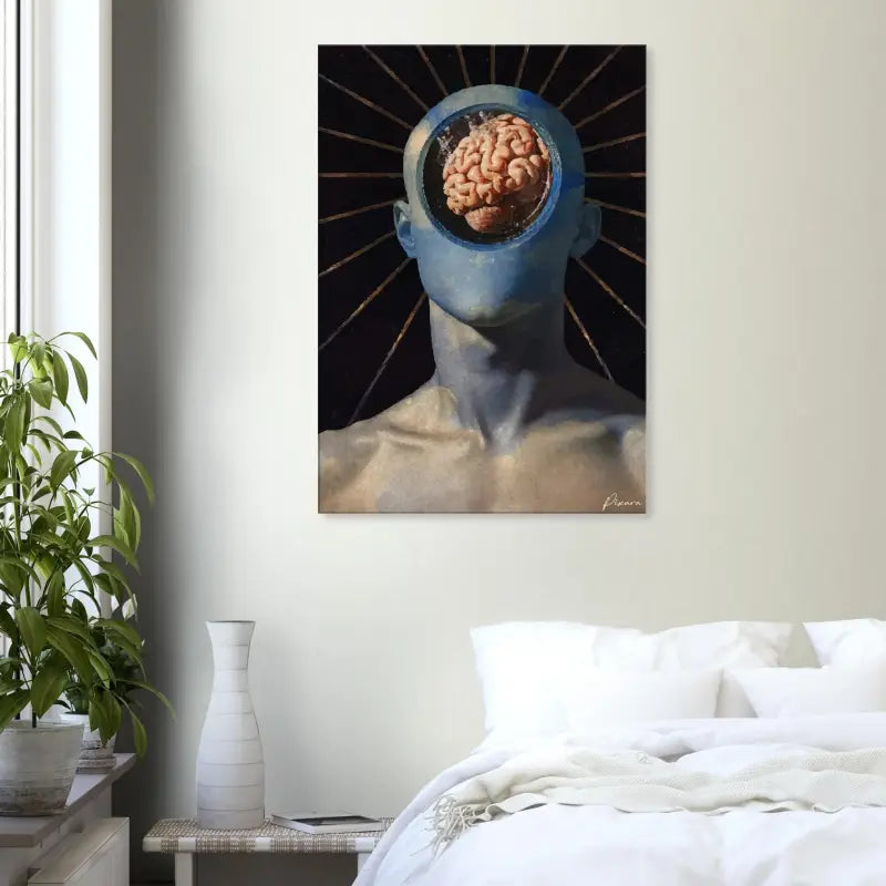 Tête humaine peinte en bleu avec un cerveau visible, présentée comme une toile d’art.