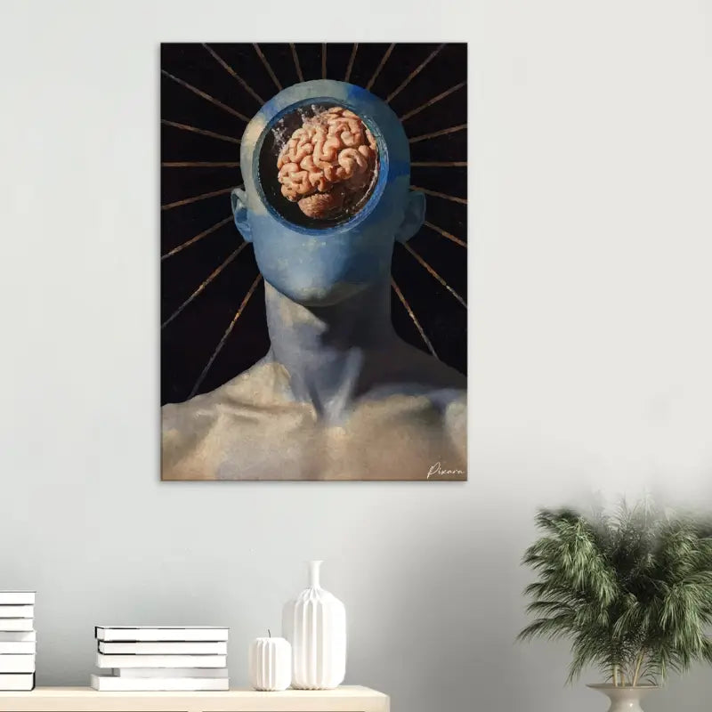 Une impression sur toile surréaliste représentant une figure à peau bleue avec un cerveau humain exposé et détaillé, sur fond de lignes dorées rayonnantes.