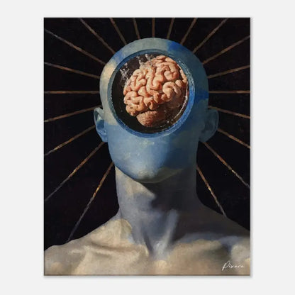 Tête humaine peinte en bleu avec un cerveau visible à l’intérieur de son crâne ouvert, sur fond noir.