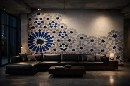 Zellige Bleu Minéral & Sable – Papier Peint Panoramique Architectural Premium | Pixara