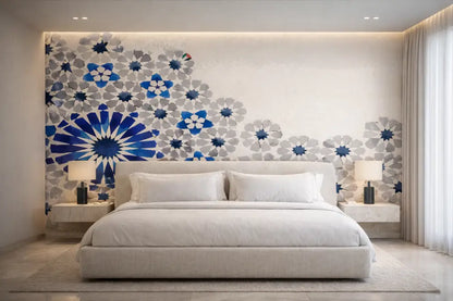 Zellige Bleu Minéral & Sable – Papier Peint Panoramique Architectural Premium | Pixara