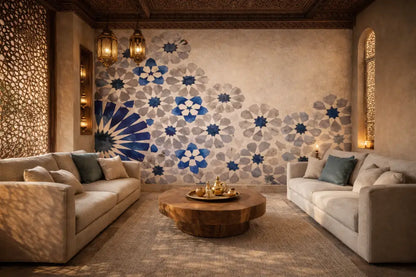 Zellige Bleu Minéral & Sable – Papier Peint Panoramique Architectural Premium | Pixara