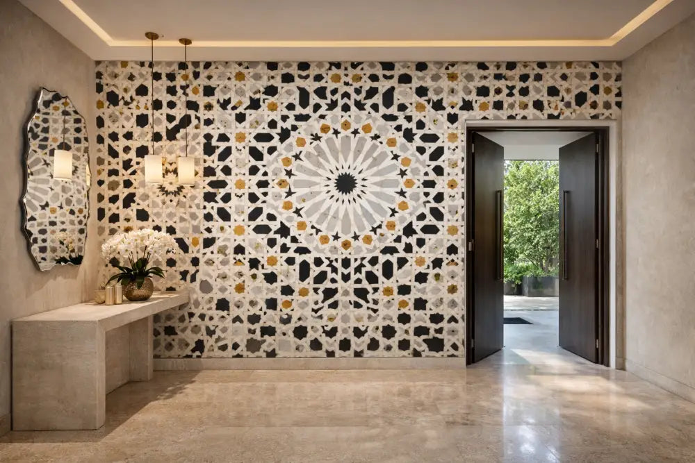 Zellige Noir & Or – Papier Peint Panoramique Architectural Premium | Pixara