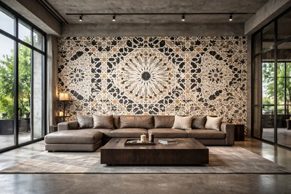 Zellige Noir & Or – Papier Peint Panoramique Architectural Premium | Pixara