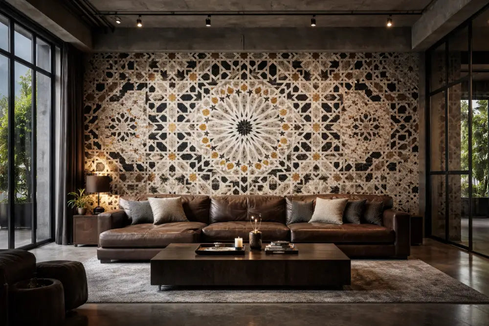 Zellige Noir & Or – Papier Peint Panoramique Architectural Premium | Pixara