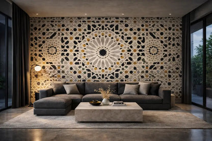 Zellige Noir & Or – Papier Peint Panoramique Architectural Premium | Pixara