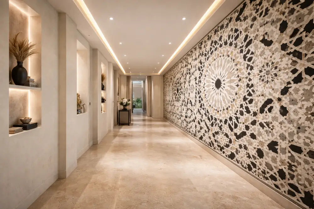 Zellige Noir & Or – Papier Peint Panoramique Architectural Premium | Pixara